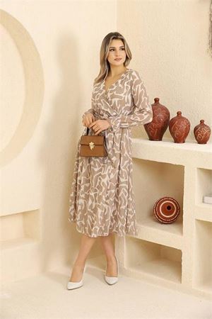 Neşeli butik kadın bej desenli şifon elbise RSSN32