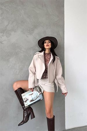 Neşeli butik kadın bej kaşe fermuar detaylı biker mont NBMYLK23