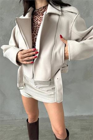 Neşeli butik kadın bej kaşe fermuar detaylı biker mont NBMYLK23