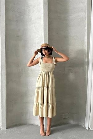 Neşeli butik kadın askılı poplin kumaş yazlık elbise NBG091