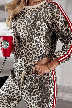 Neşeli butik kadın leopar desenli çizgi detaylı takım NBASP7233
