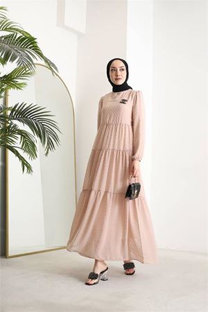 Neşeli butik kadın kemerli ponpon şifon tesettür elbise SMS022