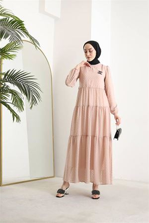 Neşeli butik kadın kemerli ponpon şifon tesettür elbise SMS022