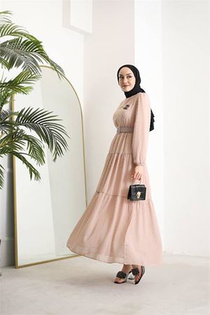 Neşeli butik kadın kemerli ponpon şifon tesettür elbise SMS022