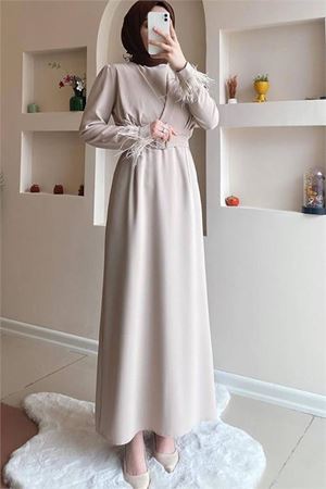 Neşeli butik kadın kalem kemerli kol detaylı tesettür elbise SMS034