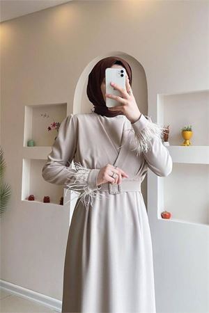 Neşeli butik kadın kalem kemerli kol detaylı tesettür elbise SMS034