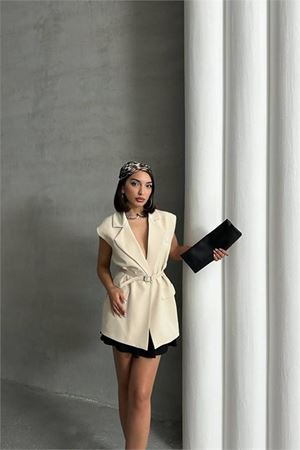 Neşeli butik kadın salaş kemerli kolsuz blazer ceket NBG076