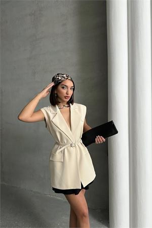 Neşeli butik kadın salaş kemerli kolsuz blazer ceket NBG076