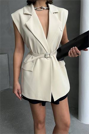 Neşeli butik kadın salaş kemerli kolsuz blazer ceket NBG076