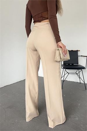 Neşeli butik kadın bej bol paça palazzo kumaş pantolon QNS036