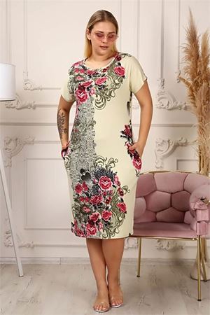 Neşeli butik kadın cepli büyük beden viskon elbise AYSL44 - Bej