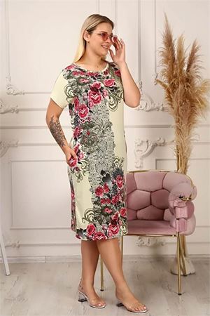 Neşeli butik kadın cepli büyük beden viskon elbise AYSL44 - Bej
