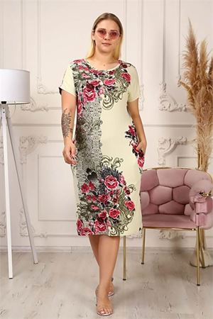 Neşeli butik kadın cepli büyük beden viskon elbise AYSL44 - Bej
