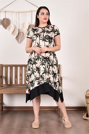 Neşeli butik kadın bisiklet yaka asimetrik elbise AYSL63 - Bej