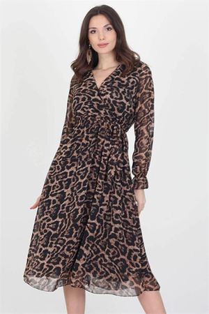 Neşeli butik kadın yakası bağlama dertaylı leopar şifon elbise RSSN07
