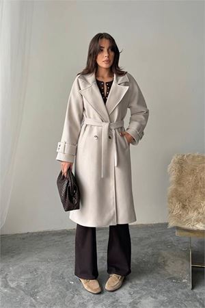 Neşeli butik kadın kuşak detaylı astarlı kaşe kaban NBG120