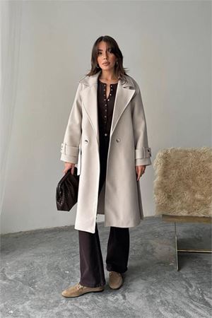 Neşeli butik kadın kuşak detaylı astarlı kaşe kaban NBG120