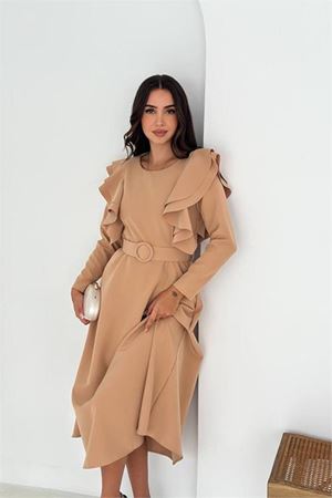 Neşeli butik kadın kol fırfırlı kemerli midi boy elbise NBK4309