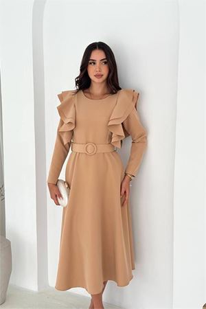 Neşeli butik kadın kol fırfırlı kemerli midi boy elbise NBK4309