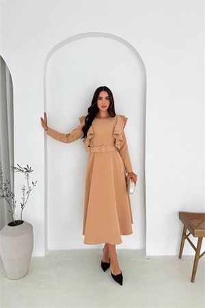 Neşeli butik kadın kol fırfırlı kemerli midi boy elbise NBK4309