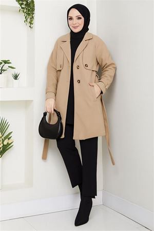 Neşeli butik kadın kısa boy kuşaklı düğmeli astarlı kaşe kaban NBFT003
