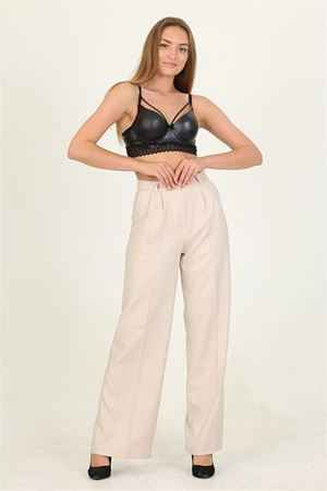Neşeli butik kadın bej yüksek bel palazzo kumaş pantolon QNS031