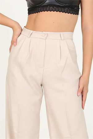 Neşeli butik kadın bej yüksek bel palazzo kumaş pantolon QNS031