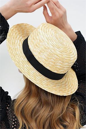 Neşeli butik kadın şerit detaylı %100 hasır şapka NBMHT10