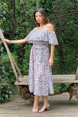 Neşeli butik kadın bej madonna kuşaklı çiçek desenli şifon elbise NB10037