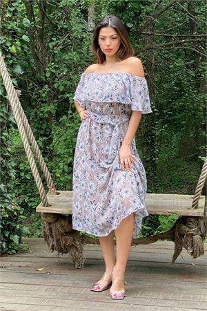 Neşeli butik kadın bej madonna kuşaklı çiçek desenli şifon elbise NB10037