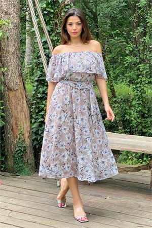 Neşeli butik kadın bej madonna kuşaklı çiçek desenli şifon elbise NB10037