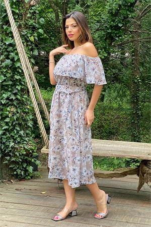 Neşeli butik kadın bej madonna kuşaklı çiçek desenli şifon elbise NB10037