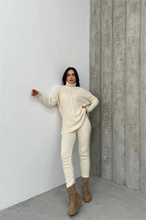 Neşeli butik kadın bej fitilli balıkçı yaka alt üst triko takım NBDM1215