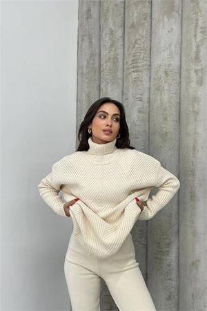 Neşeli butik kadın bej fitilli balıkçı yaka alt üst triko takım NBDM1215