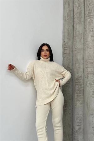 Neşeli butik kadın bej fitilli balıkçı yaka alt üst triko takım NBDM1215