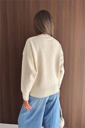Neşeli butik kadın bej yaka taş işlemeli oversize triko kazak NBK25818 ( STD-36-42)