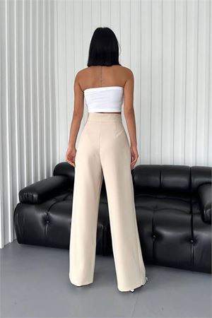 Neşeli butik kadın atlas kumaş cırtlı palazzo pantolon GTS029 - Bej