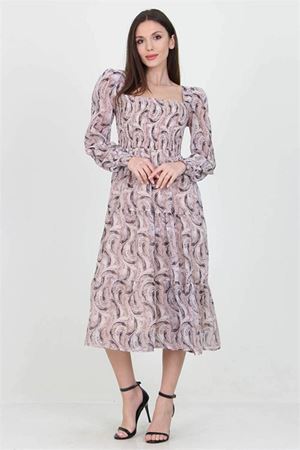Neşeli butik kadın bej desenli kare yaka gipeli şifon elbise NB100361