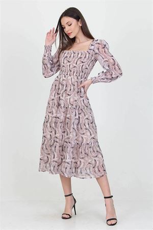 Neşeli butik kadın bej desenli kare yaka gipeli şifon elbise NB100361