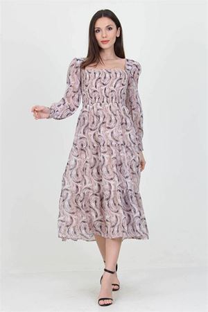 Neşeli butik kadın bej desenli kare yaka gipeli şifon elbise NB100361