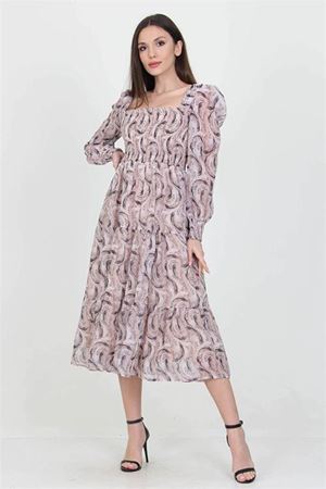 Neşeli butik kadın bej desenli kare yaka gipeli şifon elbise NB100361
