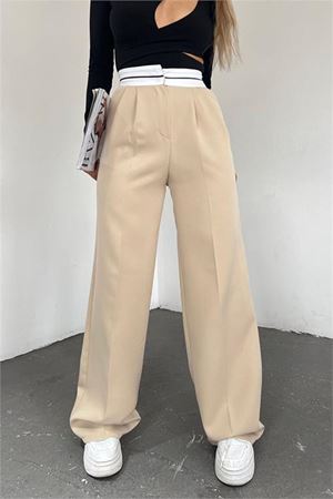 Neşeli butik kadın bej palazzo cepli pantolon QNS037