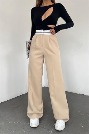 Neşeli butik kadın bej palazzo cepli pantolon QNS037