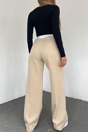 Neşeli butik kadın bej palazzo cepli pantolon QNS037