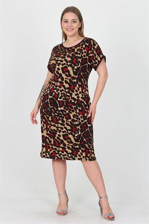 Neşeli butik kadın bej leopar desenli büyük beden günlük elbise AYSL21