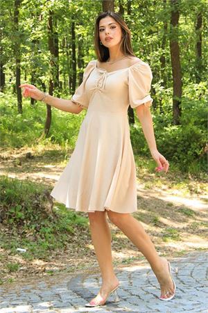 Neşeli butik kadın bej yeni sezon yaka detaylı günlük mini elbise NB10046
