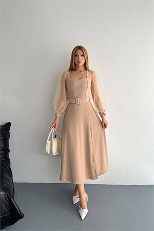 Neşeli butik kadın kare yaka kemerli balon kol elbise NBK0015