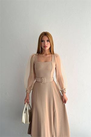 Neşeli butik kadın kare yaka kemerli balon kol elbise NBK0015