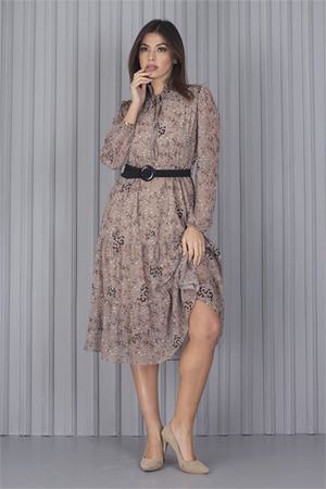Neşeli butik kadın kemerli leopar desenli yeni sezon midi boy şifon elbise APCX04