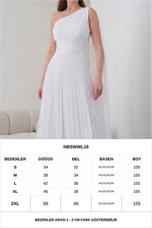 Neşeli butik kadın beyaz tek omuz pilise detaylı simli tül kumaş abiye elbise NBSWLL16